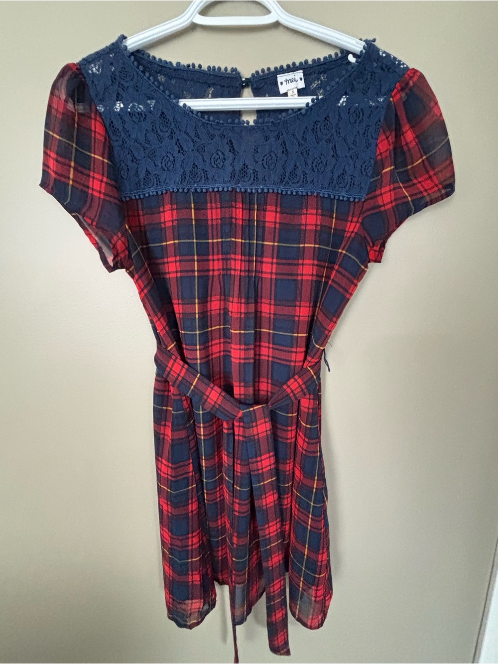 Charming Plaid Lace Yoke Dress - Navy & Red